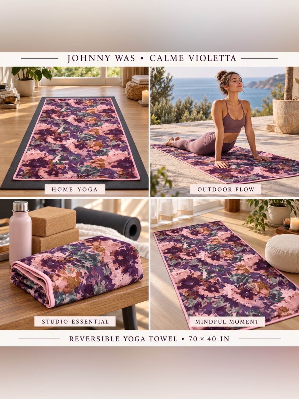 Johnny Was Calme Violetta Floral Reversible‎ Yoga Towel 70"X40" Multicolor NEW